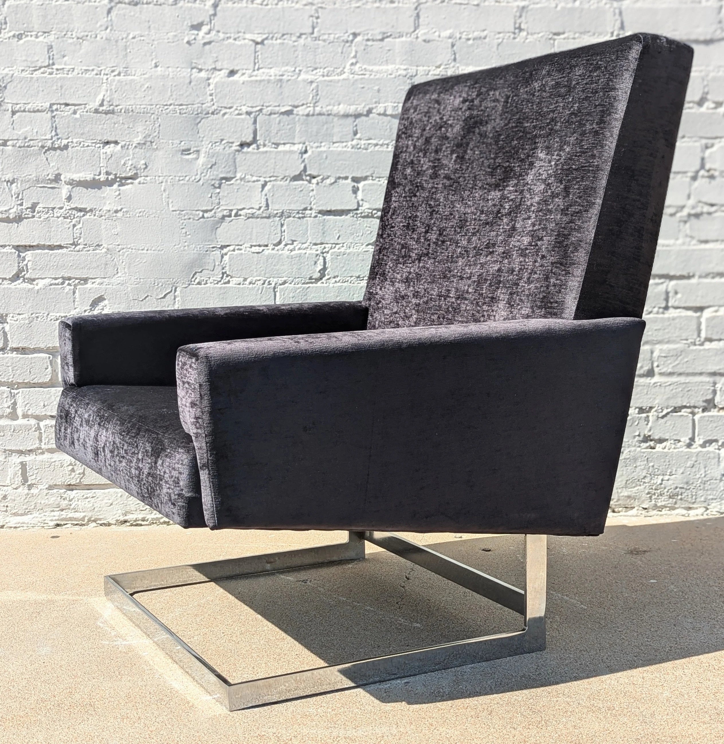 Mid Century Modern Chrome and Velvet Cantilevered High Back Chair