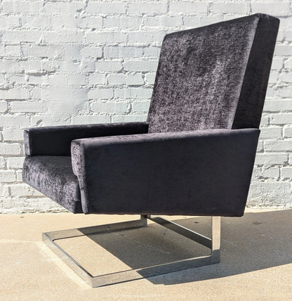 Mid Century Modern Chrome and Velvet Cantilevered High Back Chair