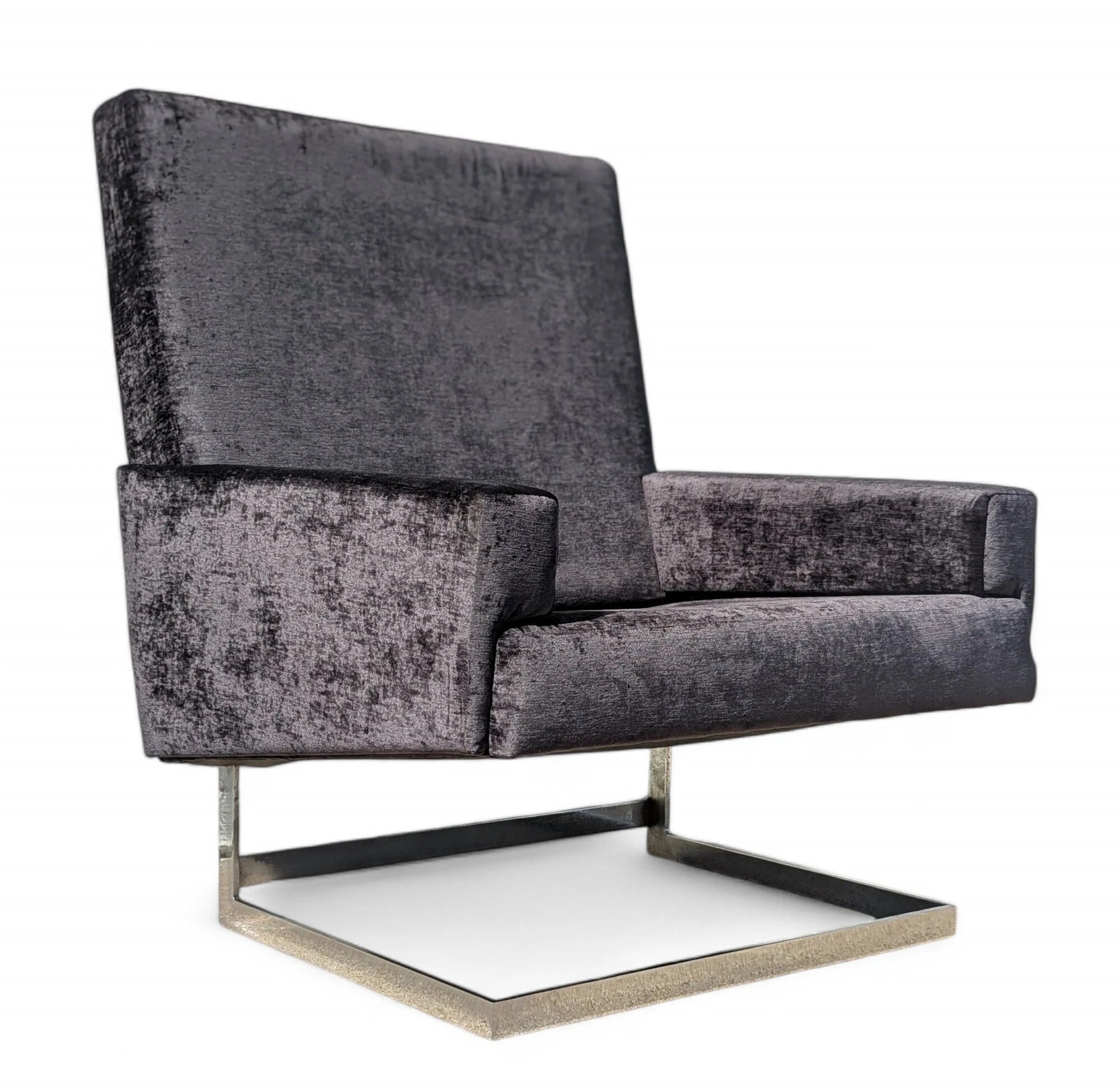 Mid Century Modern Chrome and Velvet Cantilevered High Back Chair