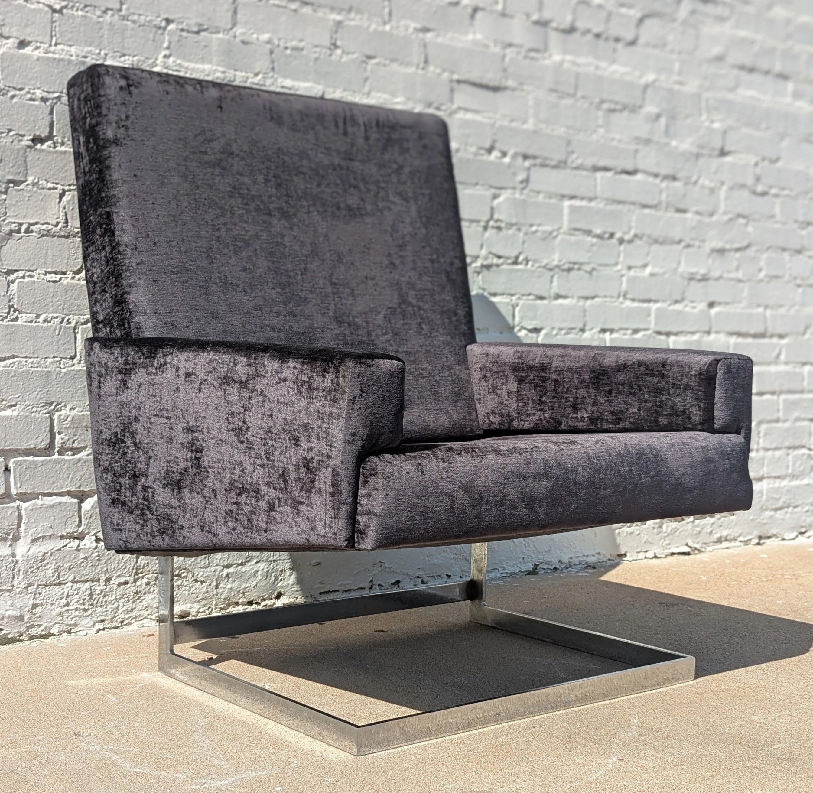 Mid Century Modern Chrome and Velvet Cantilevered High Back Chair