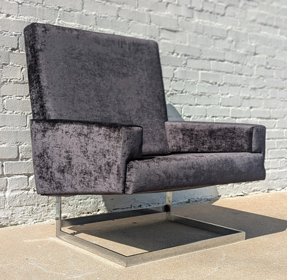 Mid Century Modern Chrome and Velvet Cantilevered High Back Chair