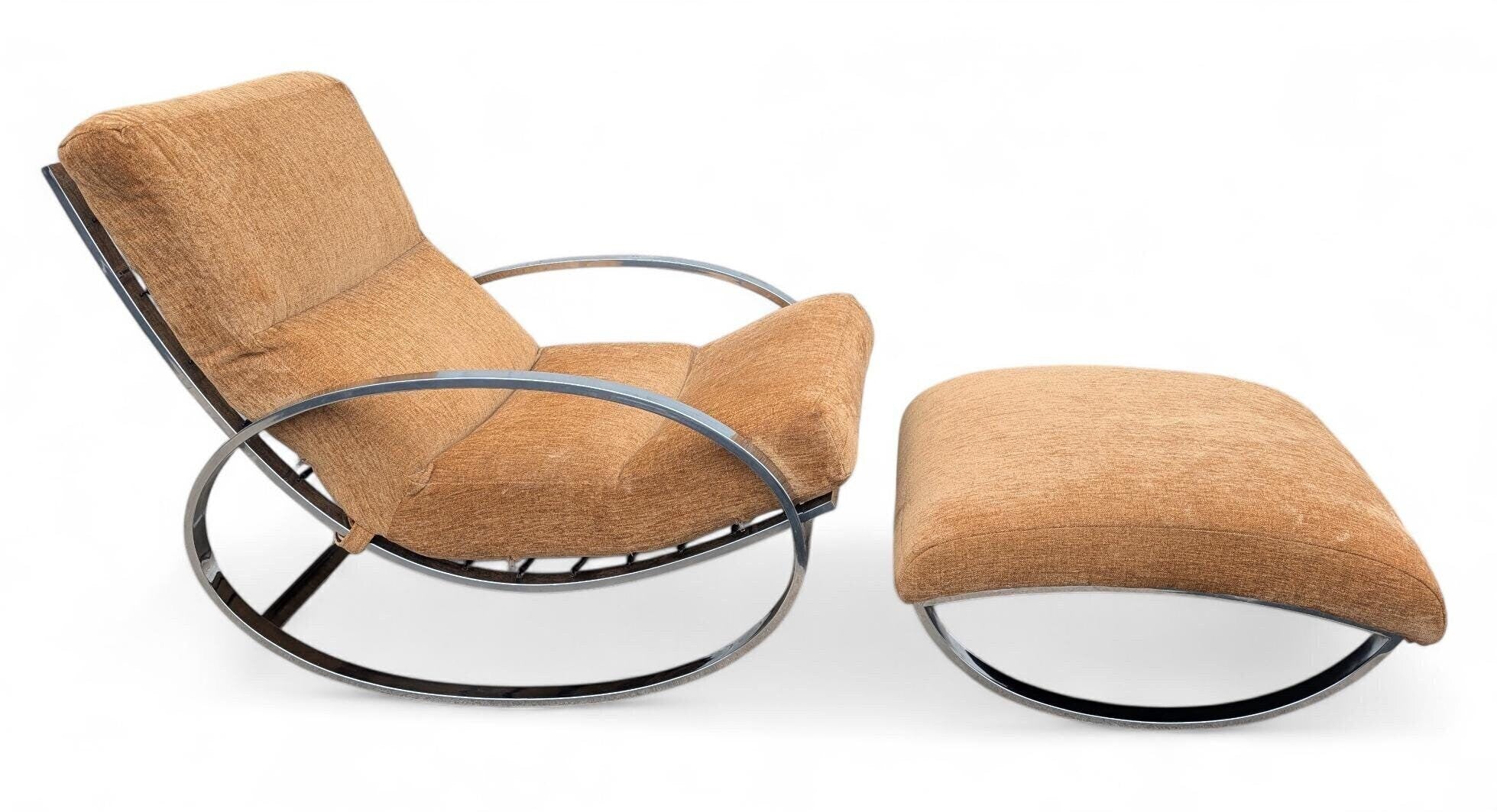 Mid Century Modern Renato Zevi Chrome Rocking Chair and Ottoman for Selig