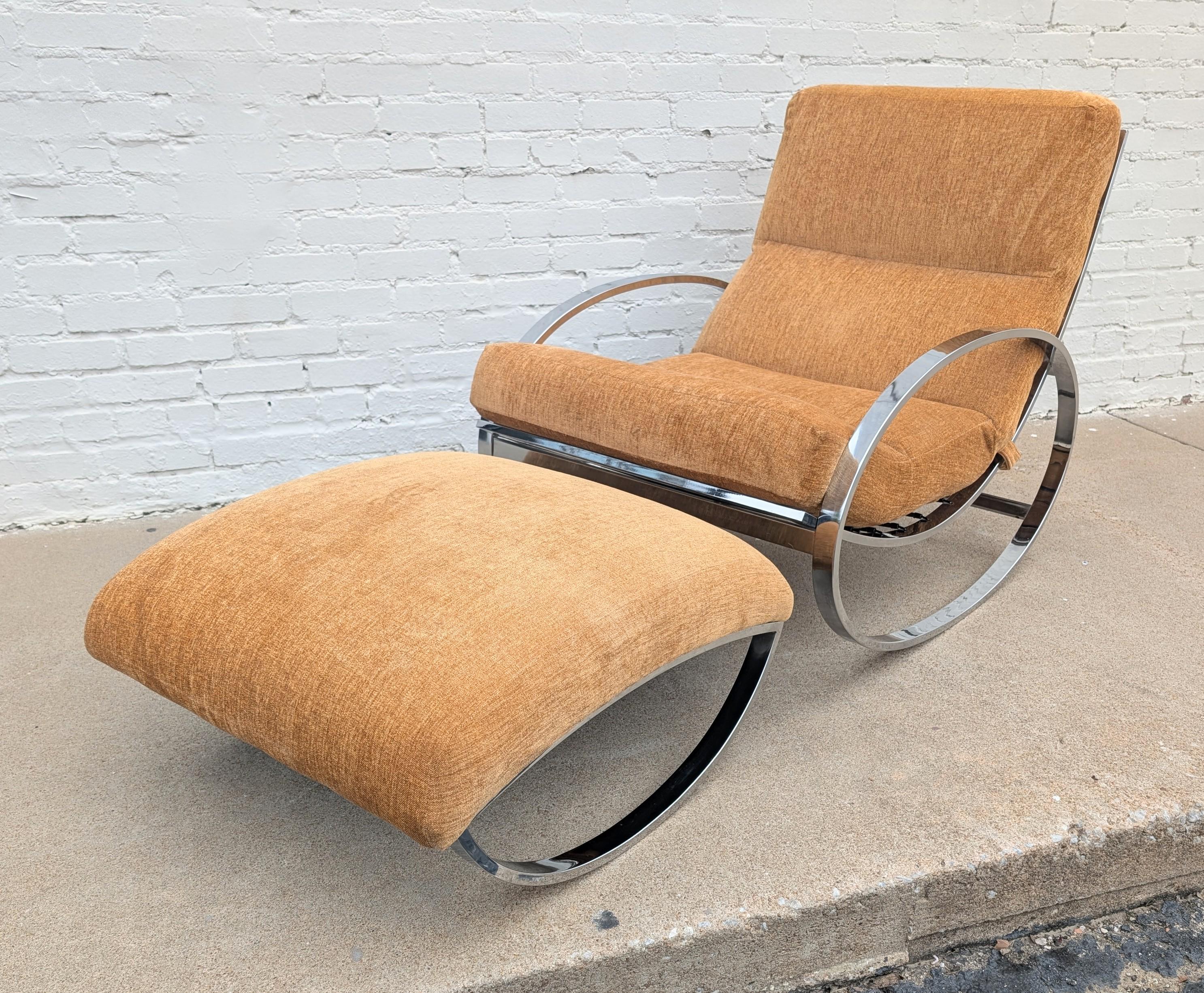 Mid Century Modern Renato Zevi Chrome Rocking Chair and Ottoman for Selig
