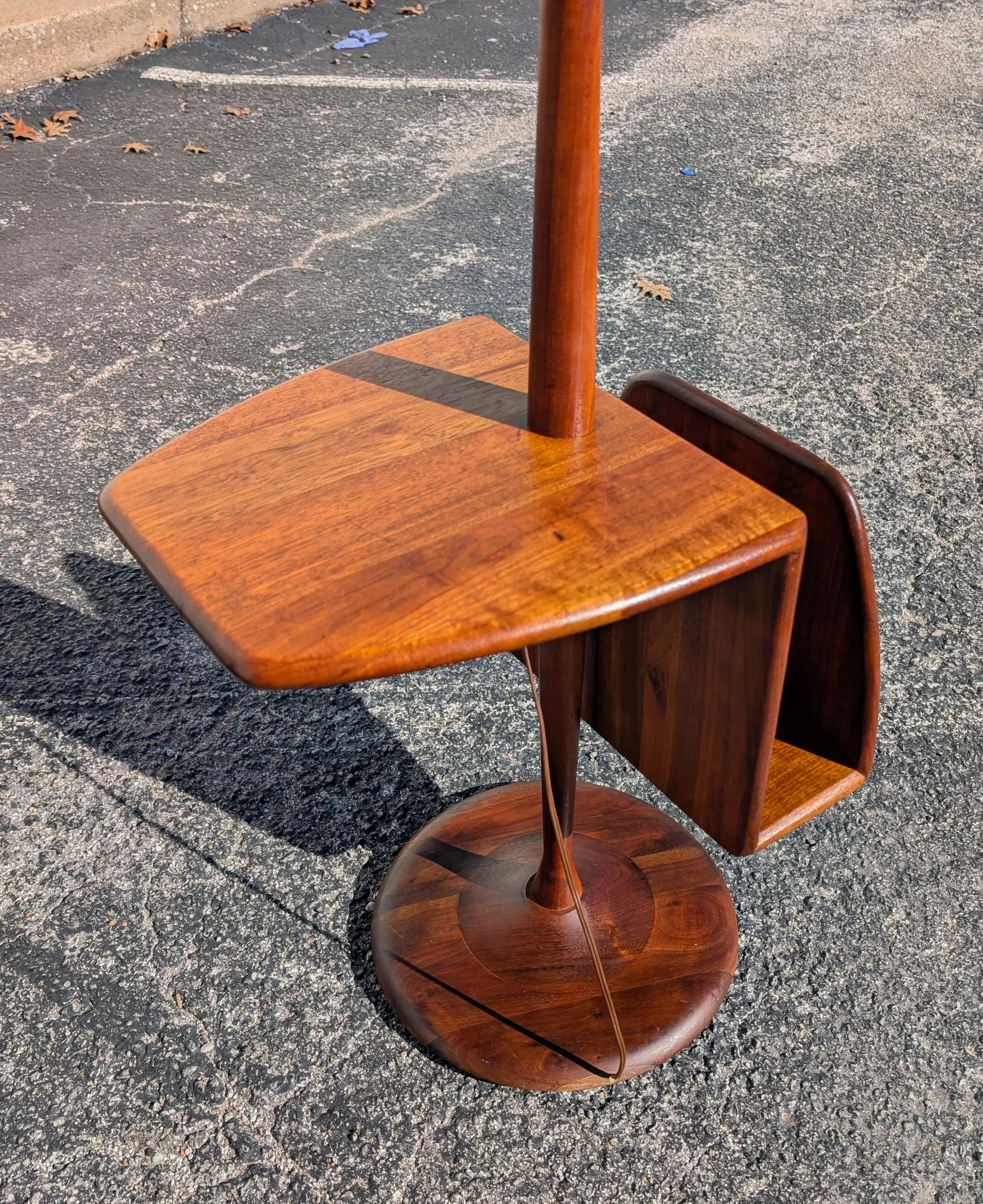 Mid Century Modern Solid Walnut Floor Lamp with Magazine Rack