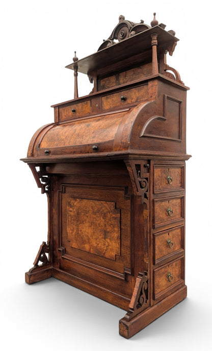 Victorian Walnut and Burlwood Roll Top Secretary